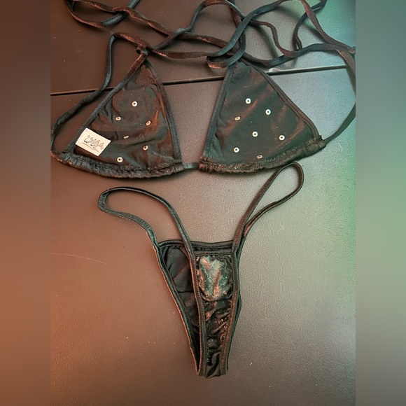 New with Many Defects Black Peeling Lame Bling Tri-Top Thong Bling Bottom Bikini - Picture 6 of 7